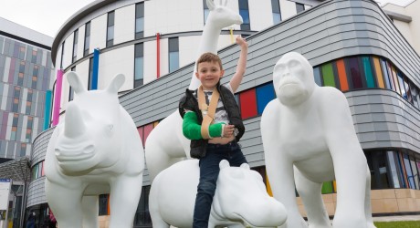 Sacha Aleksandr Marek 6 yrs old from Glasgow launches the BIG Stampede at the Royal Hospital for Children in Glasgow