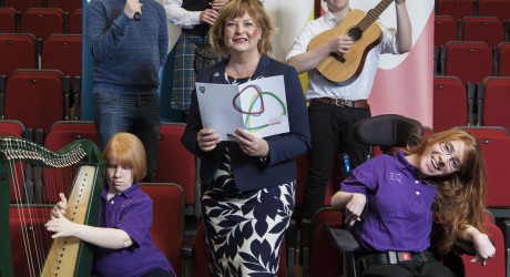 Picture shows :Fiona Hyslop, The Cabinet Secretary for Culture & Europe External Affairs pictured with young performers and musicians at the Youth Music Initiative Evaluation Event in The Studio Edinburgh Festival Theatre, Edinburgh, Scotland.Piper Gre